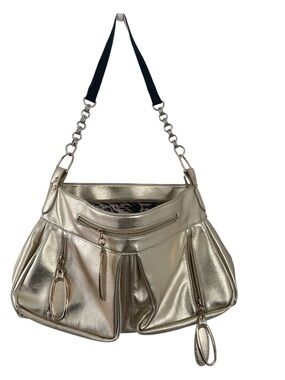 Galian Metallic Gold Shoulder Bag with Chain and Velvet Detail